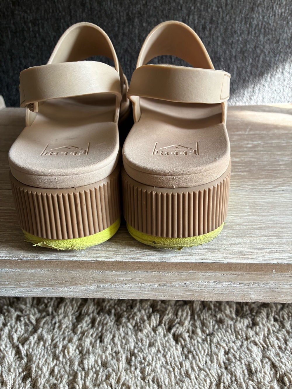 Reef Water Vista Higher Platform Sandals In Tan With Lime Green Accent - Picture 4 of 7